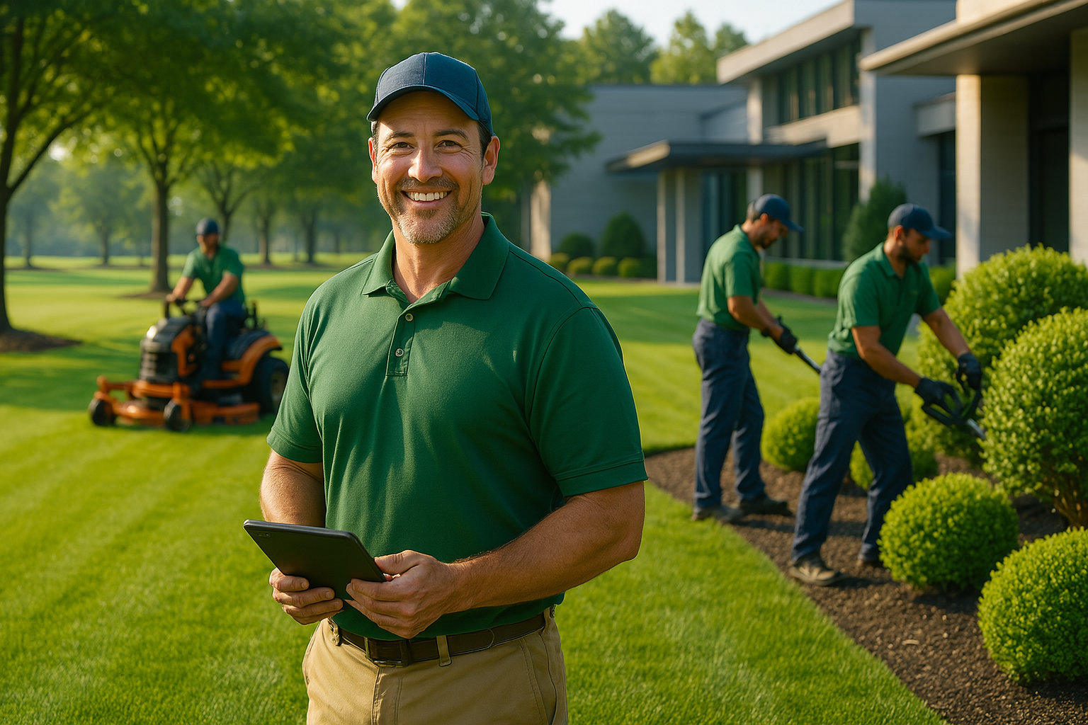 Landscaping crew working on a beautiful property