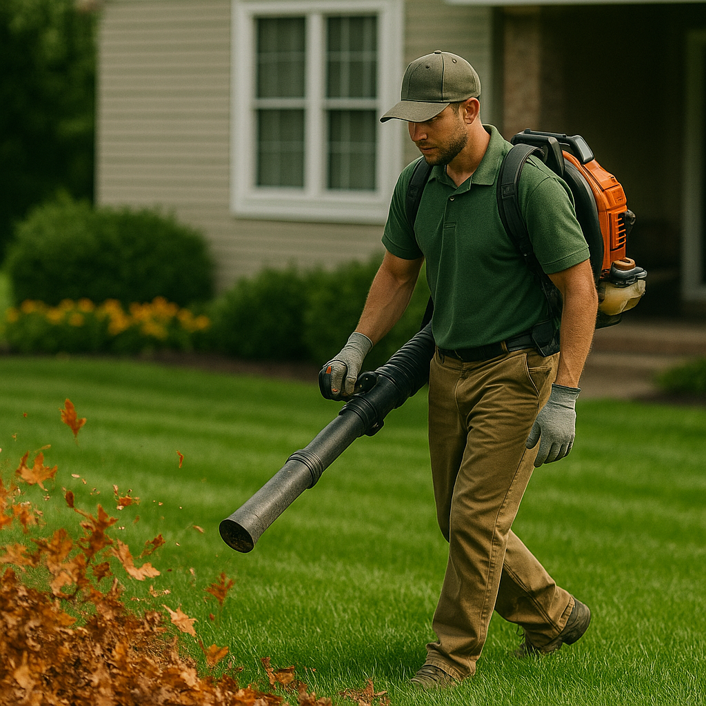 Landscaper using leaf blower on property