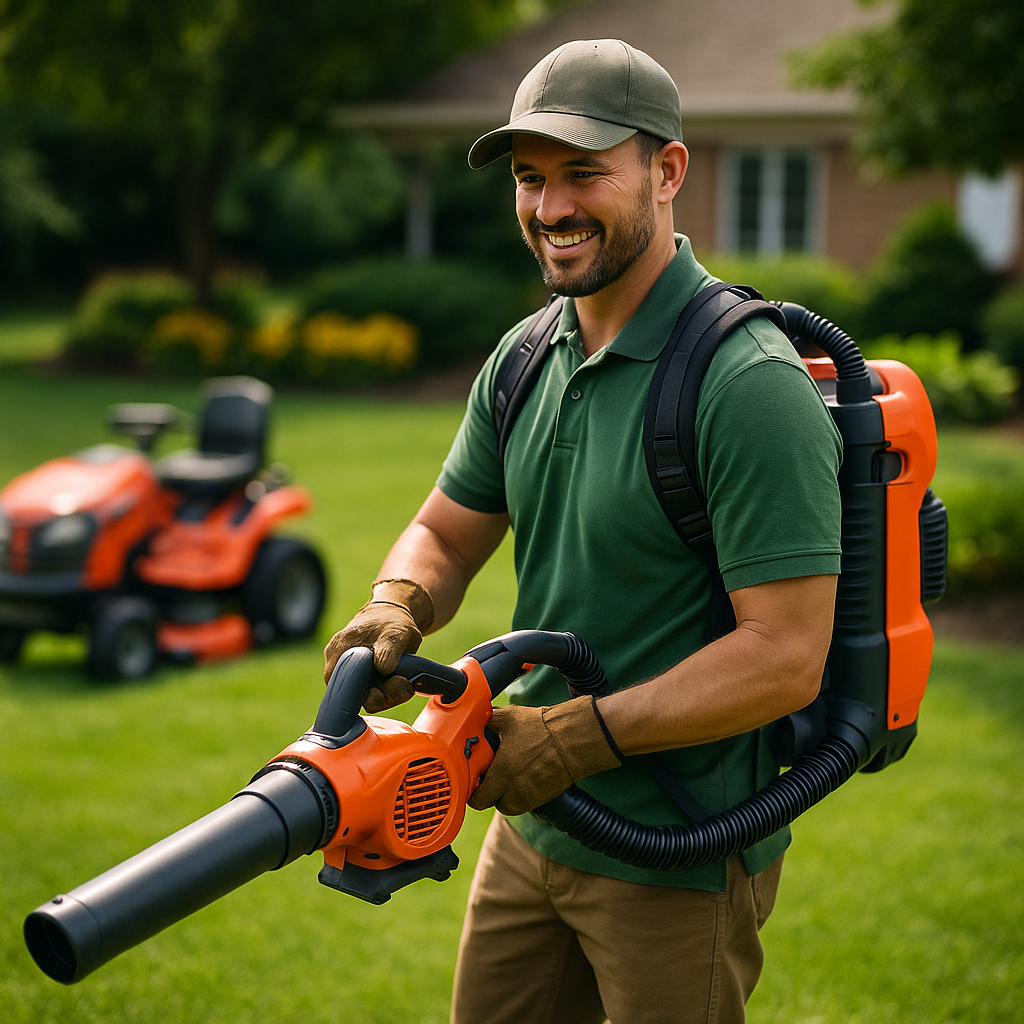 Professional landscaper using leaf blower